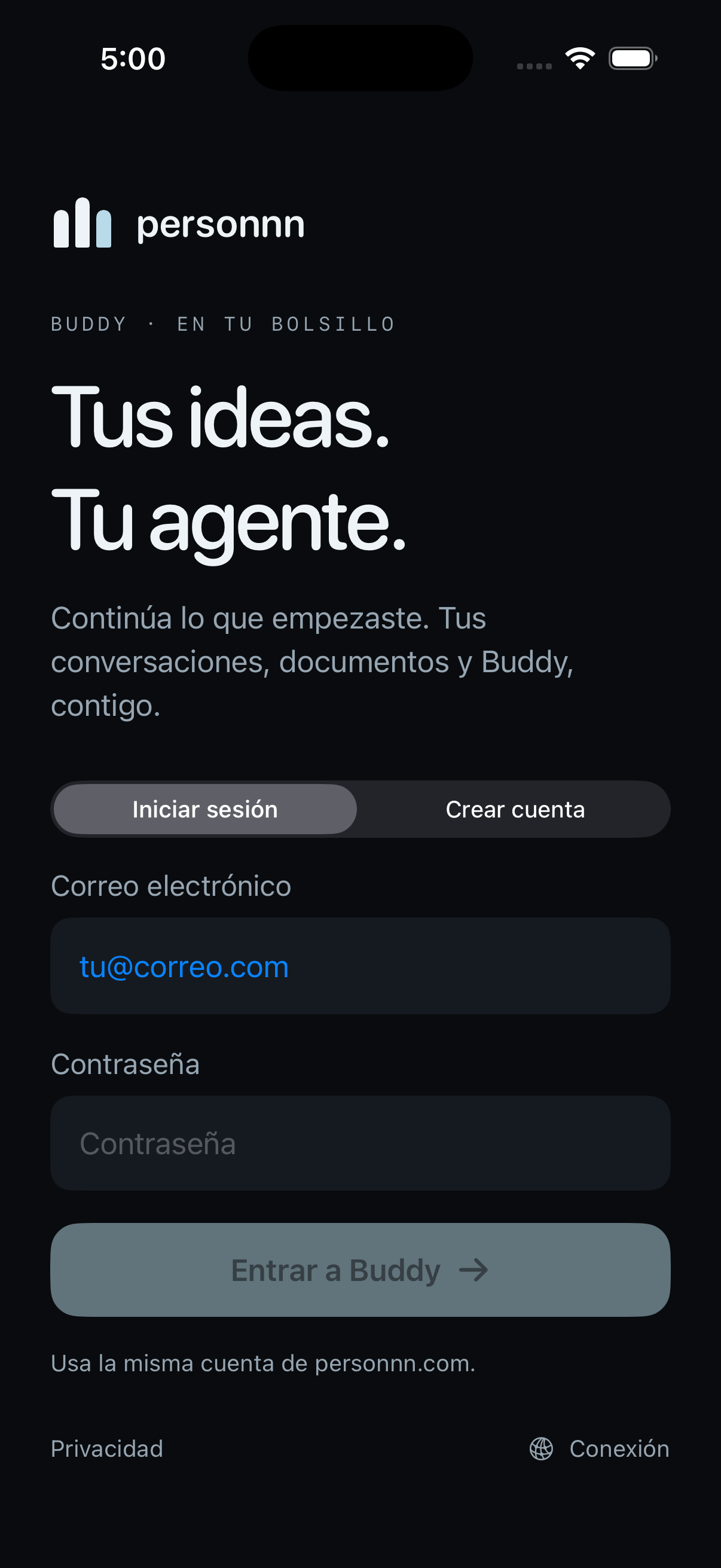 Personnn en iPhone: Tus ideas. Tu agente. Pantalla de acceso a Buddy.