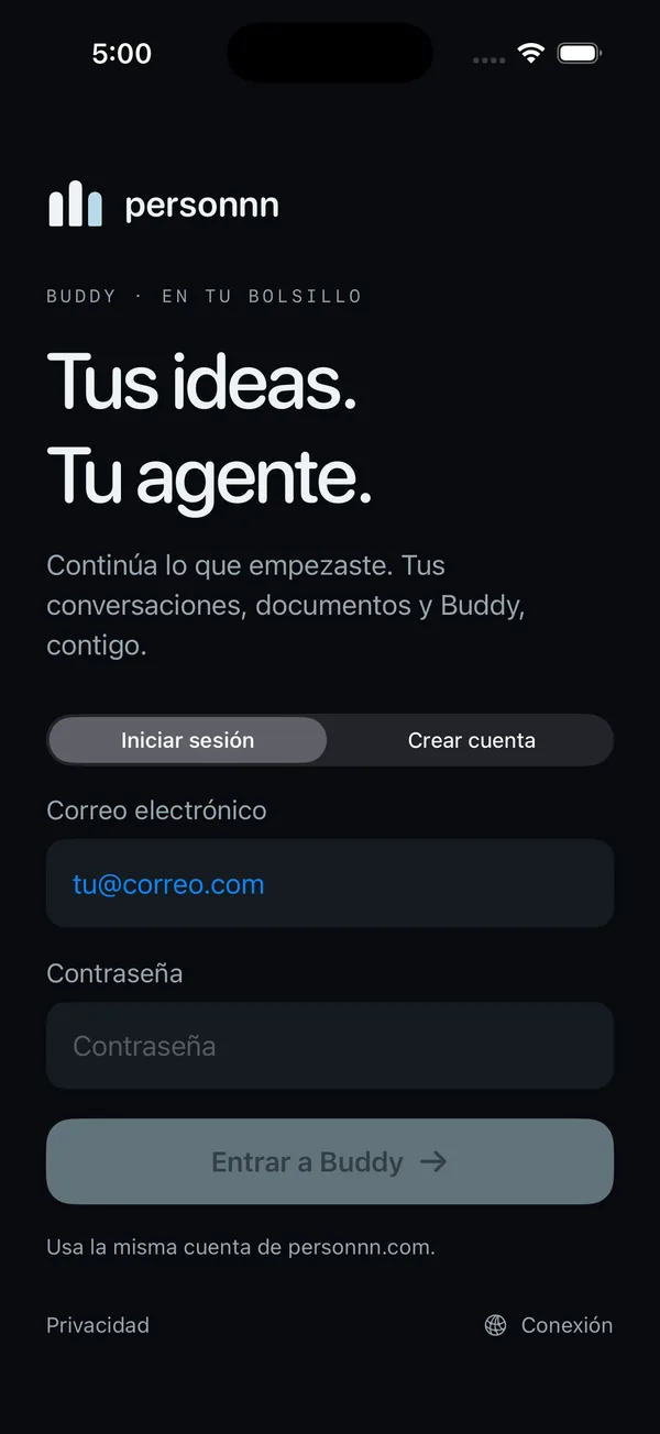 Personnn en iPhone: Tus ideas. Tu agente. Pantalla de acceso a Buddy.