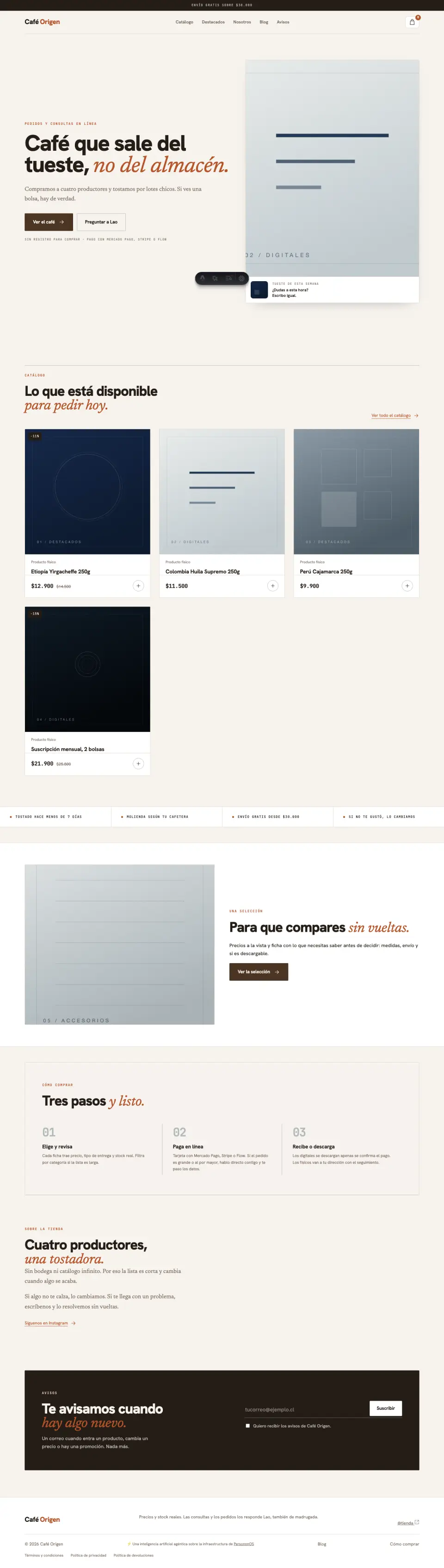 Sitio de ejemplo de Café Origen, Tostado en el sur, enviado el mismo día