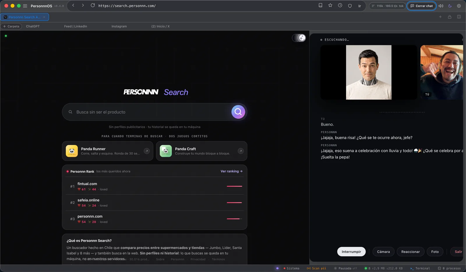 PersonnnOS en macOS: AGI-Lao navega personnn.com y revisa la página en vivo durante una videollamada con Nico.