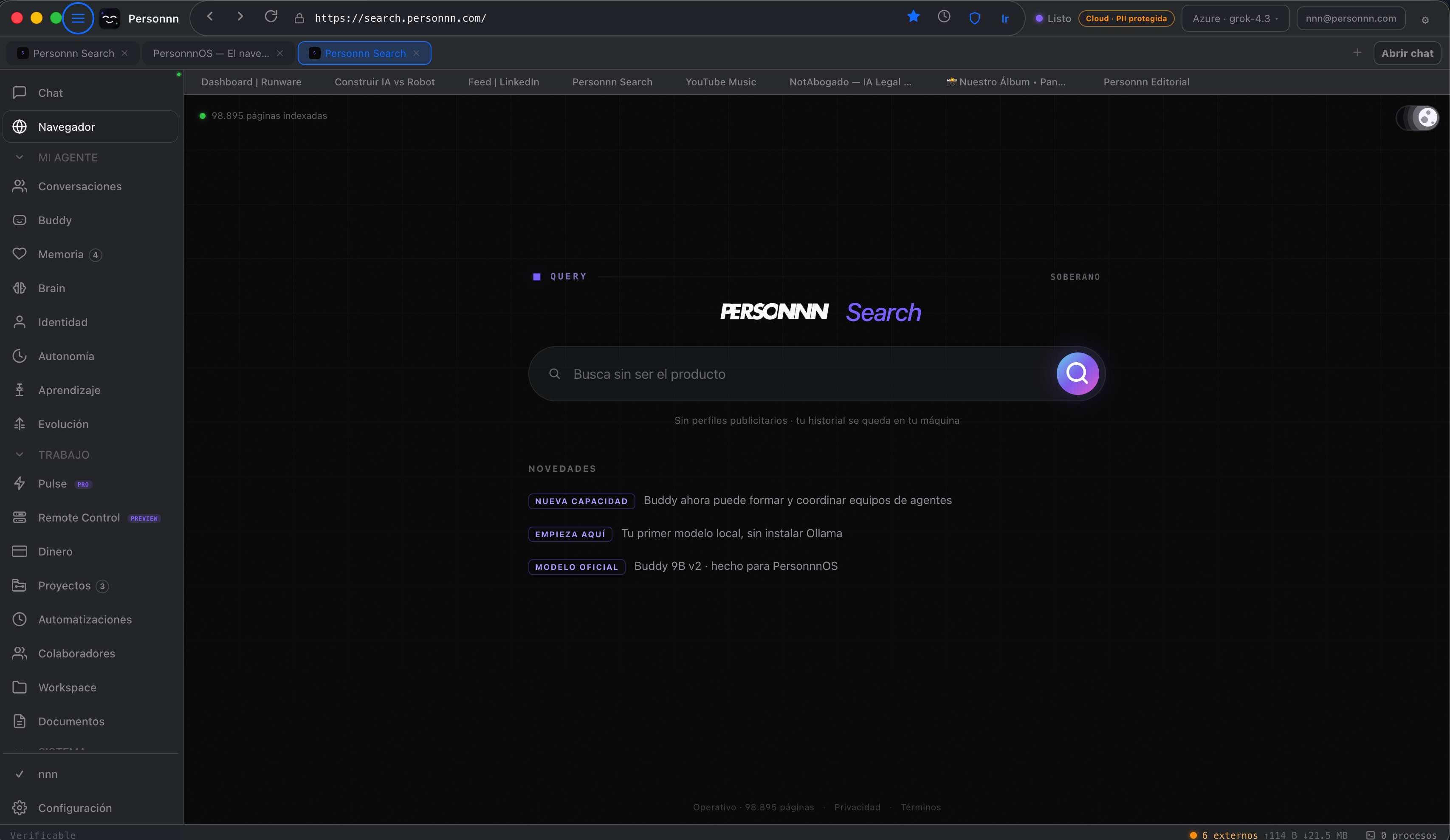 Browser de PersonnnOS mostrando sitio web y relaciones de un proyecto
