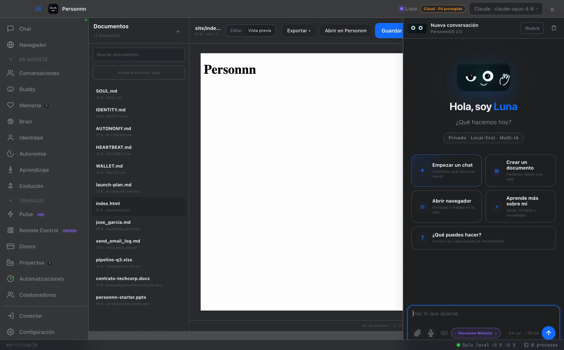 Document Studio trabajando con Word, Excel, PowerPoint y PDF dentro de PersonnnOS