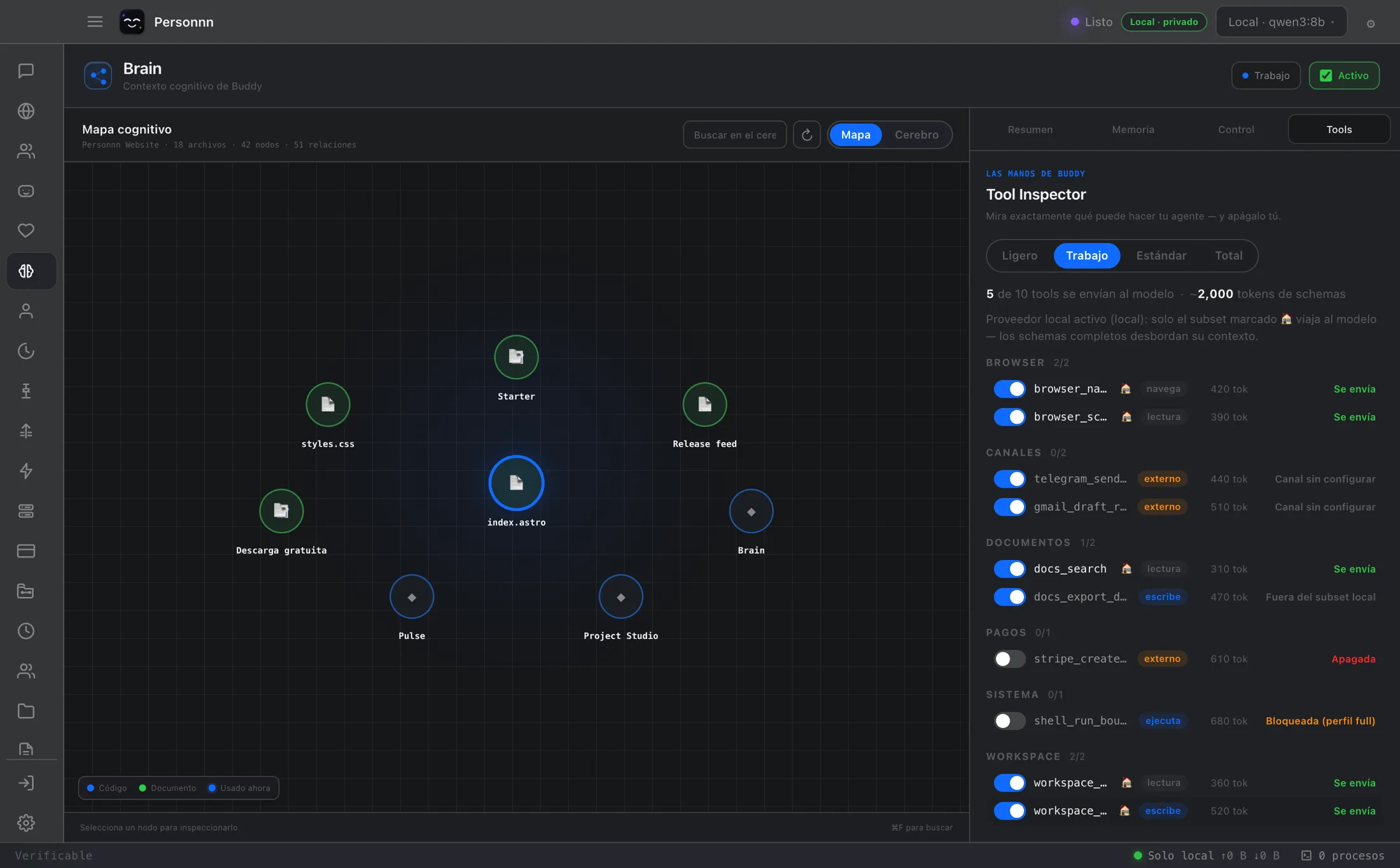 Tool Inspector mostrando permisos, riesgo y tokens de herramientas
