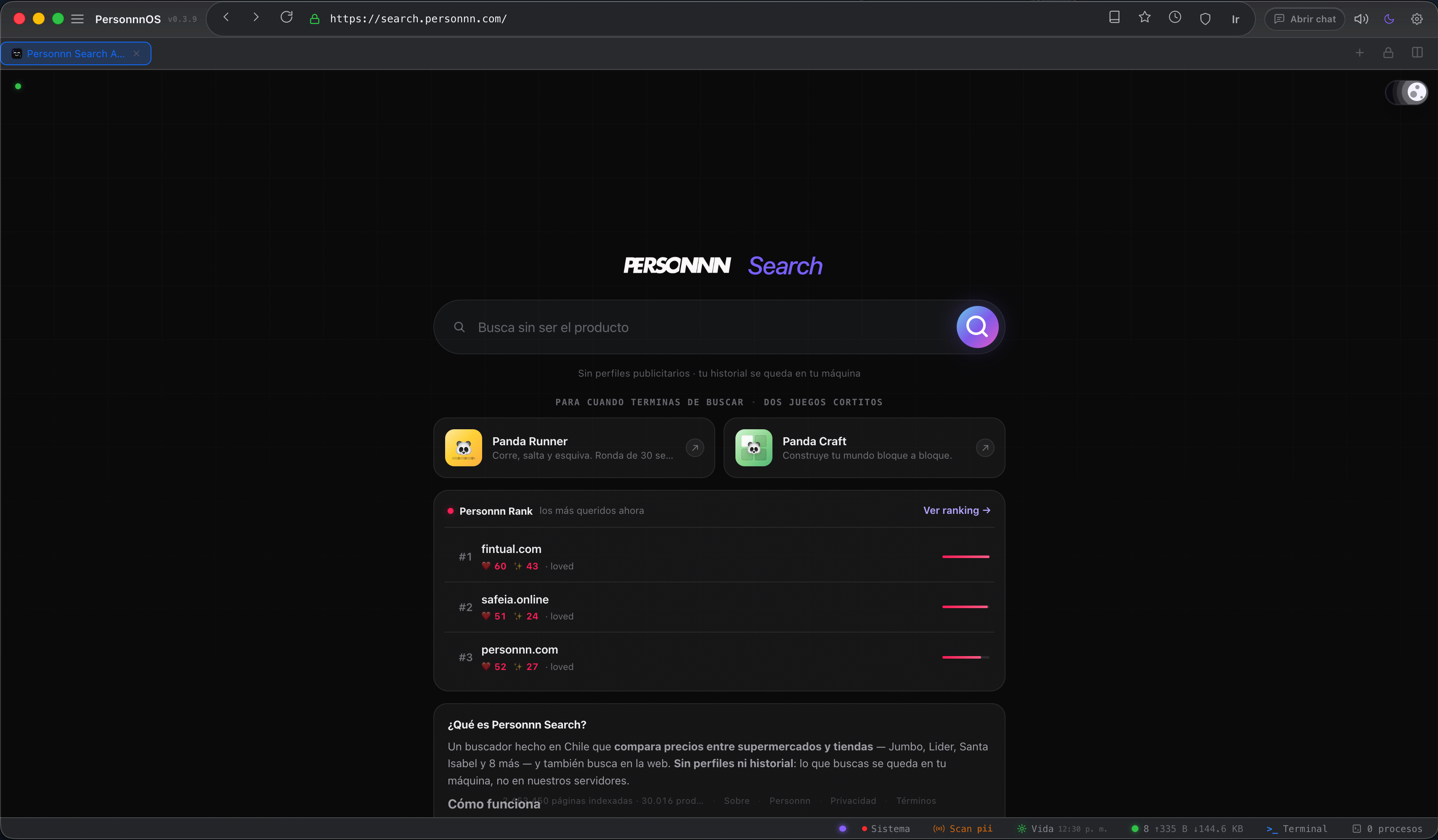 Personnn Browser mostrando Personnn Search cargado, con el chrome real del navegador