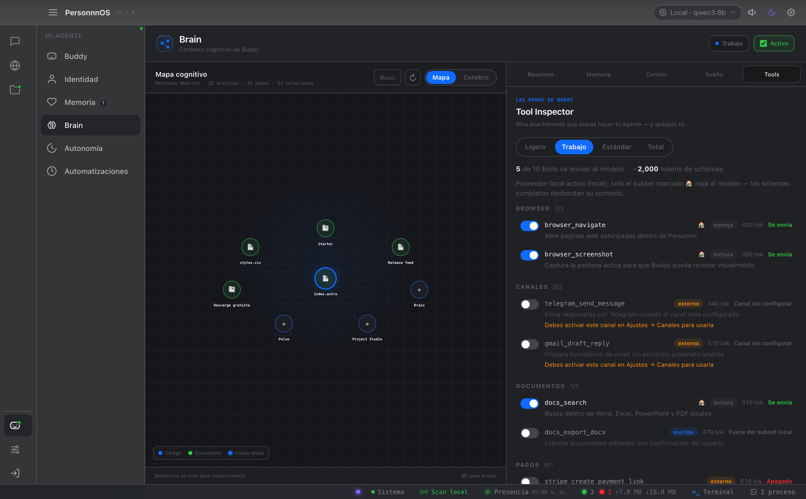 PersonnnOS para macOS — mapa cognitivo y Tool Inspector de la app real