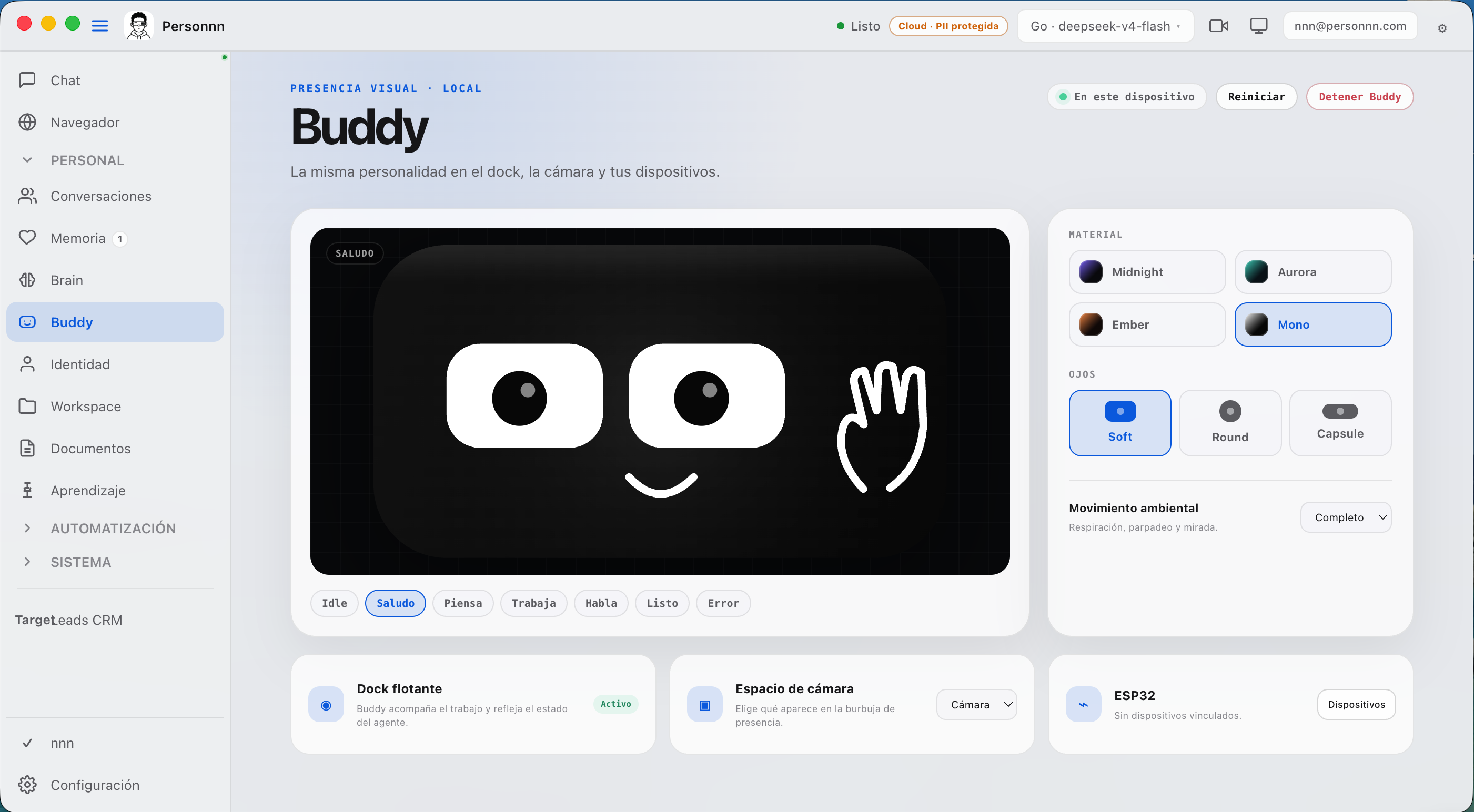 Panel de configuración de Buddy — estados, skins y ojos