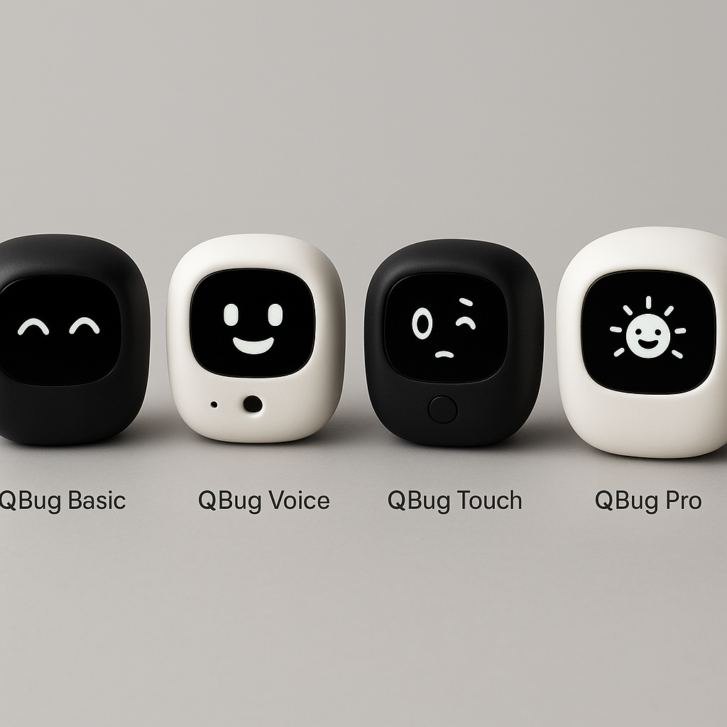 QBug — dispositivo físico de PersonnnOS con expresiones emocionales