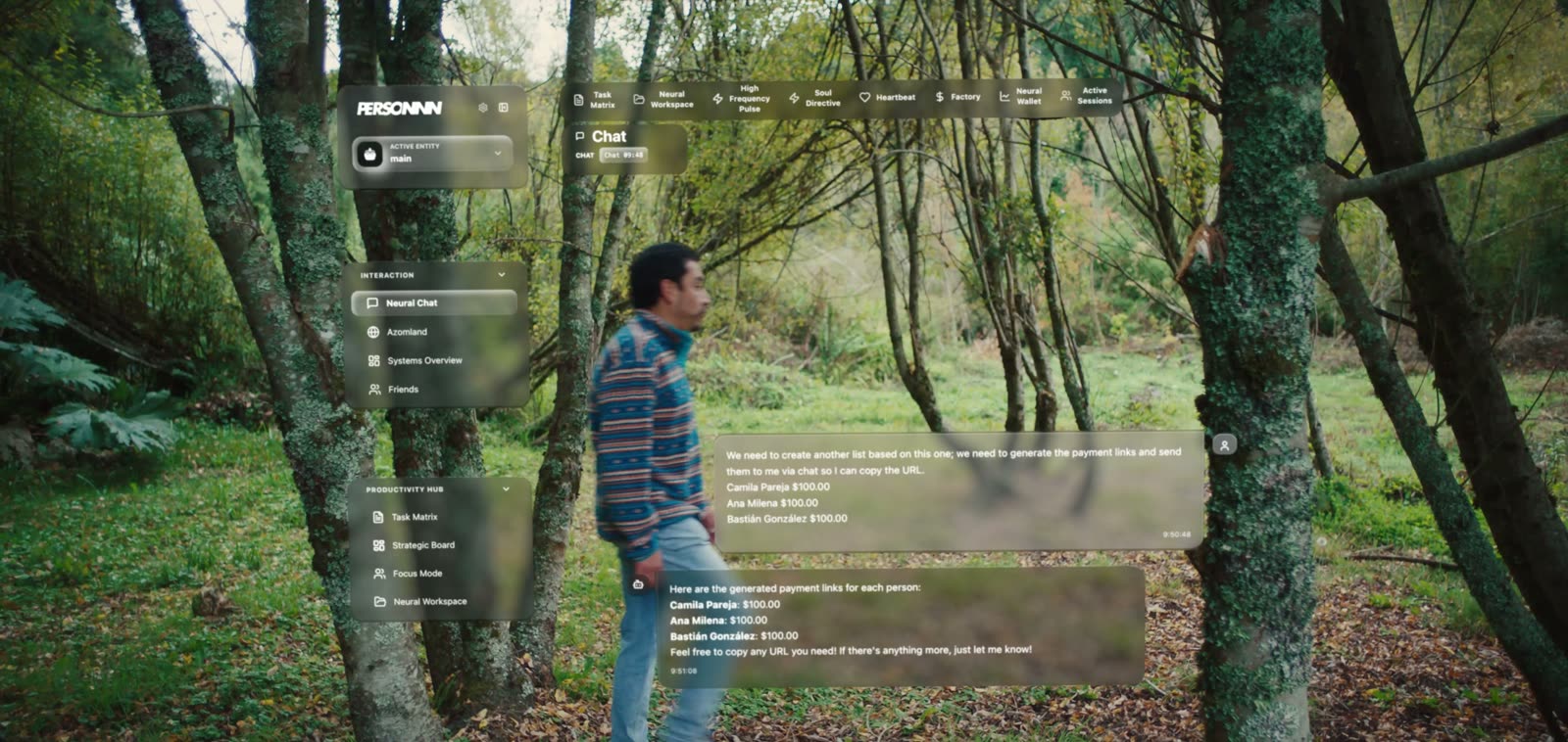 Fotograma del video de Stripe: PersonnnOS emitiendo links de pago, filmado en el sur de Chile.